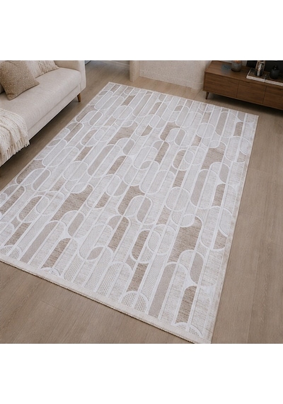 Krem Bej Geometrik Oval Desenli Saçaklı Kaymaz Jel Tabanlı Modern Halı 1