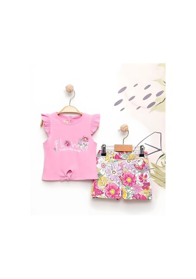 Miniğimin Cicileri Flower Renkli Baskılı Kız Çocuk Şortlu Takım - Pembe