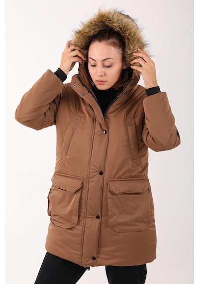 Maraton Sportswear Regular Kadın Kapşonlu Uzun Kol Basic Taba Parka 21418 Taba