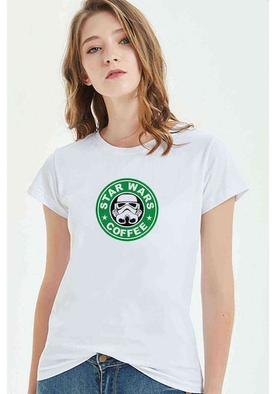 Star Wars Coffee Baskılı Beyaz Kadın Tshirt