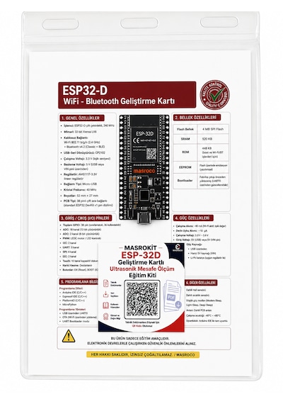 Masrokit Esp32-d Geliştirme Kartlı Ultrasonik Mesafe Ölçüm Eğitim Kiti Önceden Programlanmış