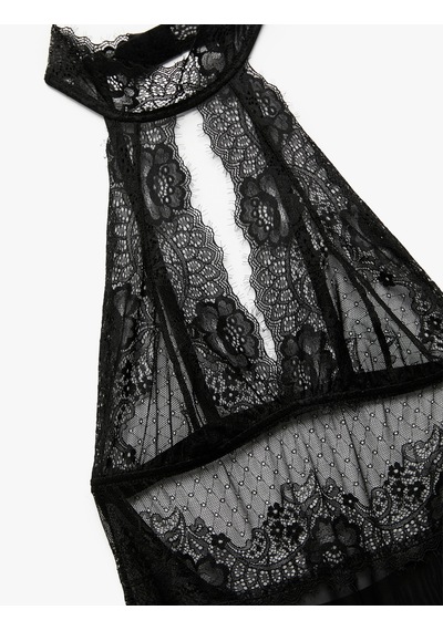 Koton Transparan Floral Dokulu Halter Yaka Dantelli Bodysuit Siyah 6wlk00003mk Siyah