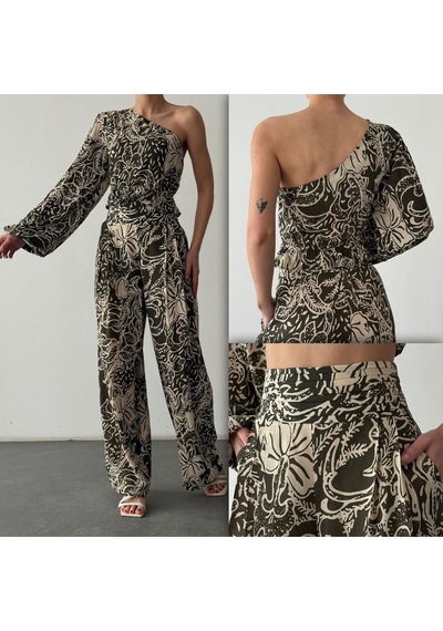 Fashion Cocktail Hint Şal Desenli Asimetrik Tek Omuz Tek Kol Pantolon Crop Yazlık Tatil Bohem Boho Takım Haki Fashion Cocktail Hint Şal Desenli Asimetrik Tek Omuz Tek Kol Pantolon Crop Yazlık Tatil Bohem Boho Takım Haki