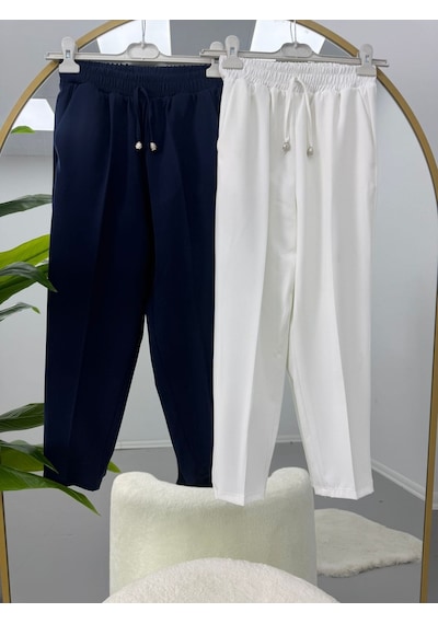 Lovie Moda Beli Lastikli Cep Detaylı İkili Pantolon Beyaz