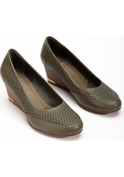 Analin Shoes Kadın Hakiki Deri Petek Baskılı Dolgu Topuklu Ayakkabı Dark Olive