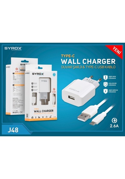 (Yeni Tip) Syrox J48 Type-C Girişli 2.6 Amper Hızlı Şarj Aleti (418323472)