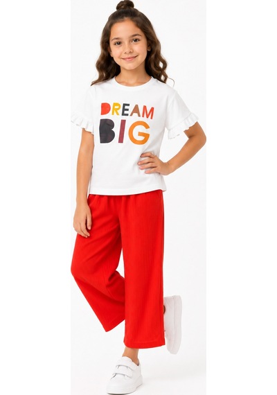 Genel Markalar Luniva Butik Dream Big Baskılı Kız Çocuk Fırfır Kollu Tişört Ve Bol Paça Pantolon 2'li Takım Kırmızı