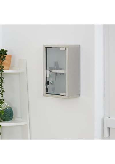 Kilitli Paslanmaz Dolabı 2 Raflı Cam Kapaklı Duvara Monte 30x18 Cm Gümüş