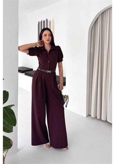 Neşeli Butik Kadın Bordo Kemer Detaylı Tam Boy Taşlı Gömlek Yaka Tulum Nbk4592