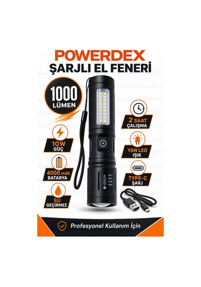 Şarjlı El Feneri 1000 Lümen 4000 Mah Bataryalı Type-c Şarjlı Yan Led Kamp Tamir Acil Durum Feneri Pd Çok Renkli