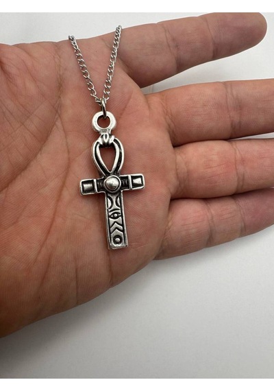 Gri Desenli Haç Figürlü Kolye 60 Cm Zincirli, Gotik & Unisex Takı Çok renkli