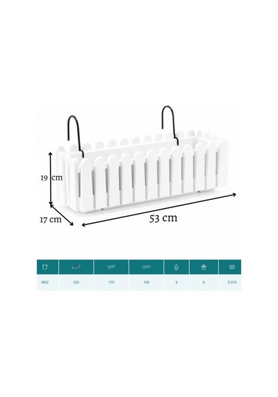 Balkon Saksısı Çit Saksı Beyaz Renk Metal Askı Aparatlı Dekoratif Balkon Saksı 9lt 53cm İb02