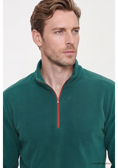 Ac&Co / Altınyıldız Classics Erkek Yesıl Sıcak Tutan Standart Fit Normal Kesim Bato Yaka Çift Fleto Cepli Sweatshirt Polar