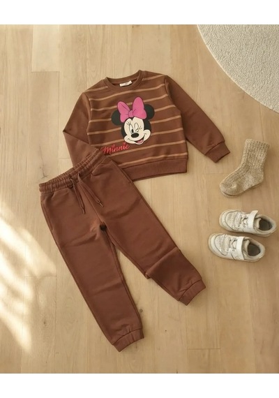 Cmk Kız Çocuk Minnie Mouse Baskılı Eşofman Takımı 2 Parça Kahverengi