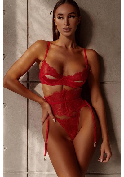 Luiza Dantel Jartiyer Set - Kırmızı Kırmızı