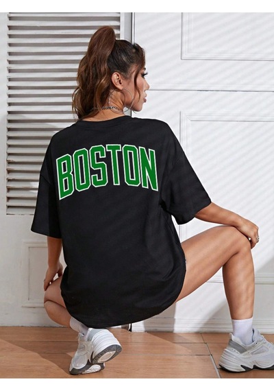 Startmore Unisex Kadın/erkek Celtic Boston Özel Baskılı Renkli Oversize Penye T-shirt Siyah