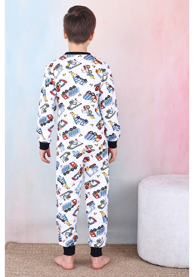 Modanino Erkek Çocuk İş Makineleri Baskılı Pijama Takımı 1-7 Yaş 12291 Beyaz