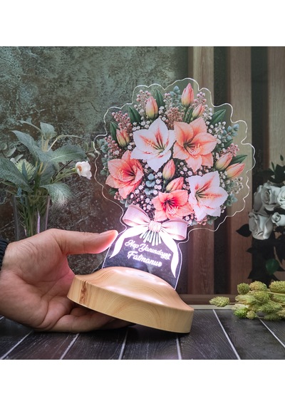 Amaryllis - Nergis Zambağı Çiçek Buketi Led Lamba, Işıklı Güzel Hatun Çiçeği Solmayan Çiçek Sevgiliye Eşe Kişiye Özel Hediye