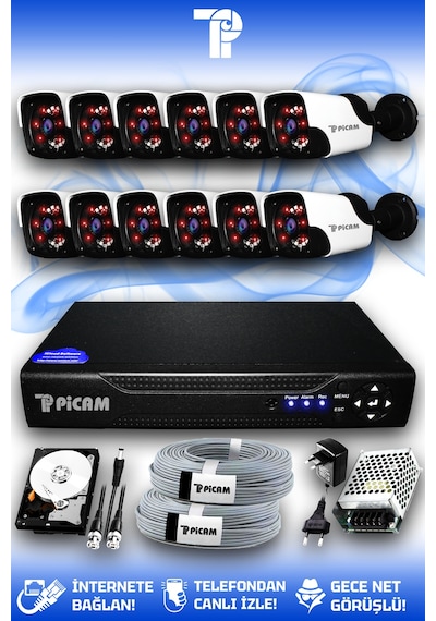 Picam 12 Kameralı Panda 12 Dış Kamera Set 2 TB HDD Full HD Gece Görüşlü Güvenlik Kamerası Sistemi