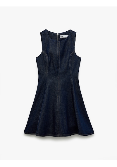 Koton Pamuklu Bisiklet Yaka Dikiş Detaylı Volanlı Kolsuz Mini Denim Elbise Koyu İndigo 7wal80002md Indigo