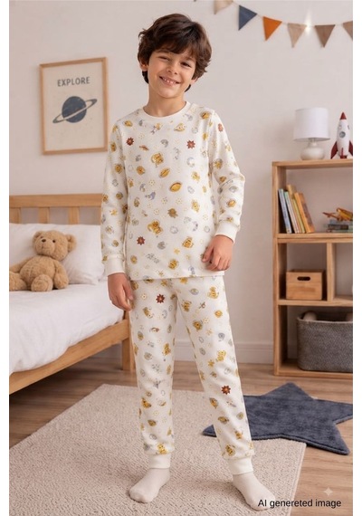 Erkek Çocuk Yeni Sezon Pamuklu Desenli Pijama Takım Tkm1022 Krem