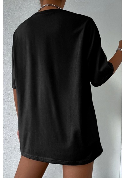 Uyguntarz Unisex Woman One Line Baskılı Tshirt Siyah