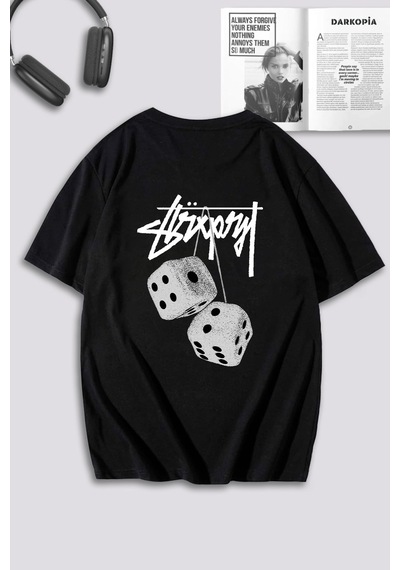 Unisex Kadın Erkek Grafitti Zar Baskılı Özel Tasarım Oversize T-shirt Siyah Mck0069 Siyah