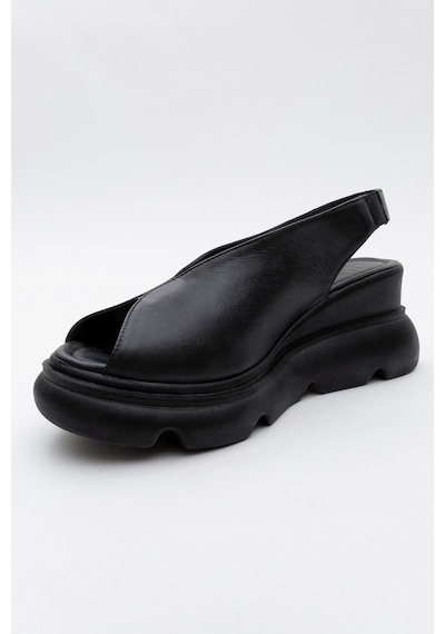 Luvishoes Sam Siyah Cilt Hakiki Deri Kadın Dolgu Topuk Sandalet Siyah Deri