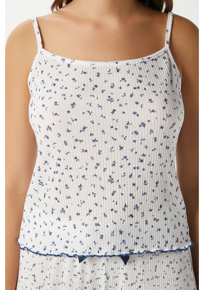 Ritnice Kadın June Askılı Mavi Minik Çiçekli Alt Üst Pijama Takımı Ekru - Mavi