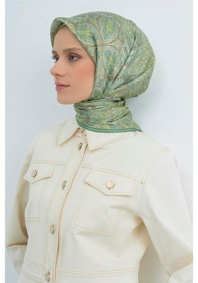Armine İpek Eşarp 2026 Yaz - 9540-54 Yeşil Twill Yeşil Mor
