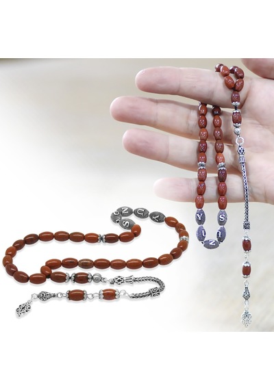 Tesbihname Doğaltaş Opal Tesbih - 925 Ayar Gümüş Püsküllü - Kişiye Özel İsim Yazılı - Kırmızı Renk - Arpa Kesim