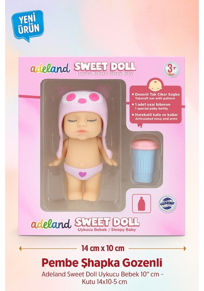 Adeland Sweet Doll Uykucu Bebek 10 Cm Kutu 14 10 5 Cm Pembe Şapka - Göz Desenli