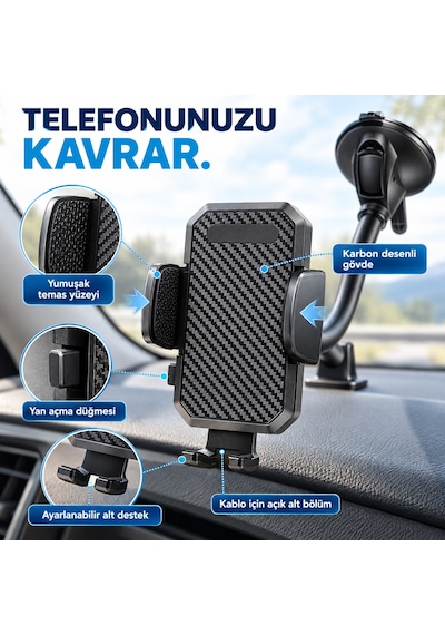 Dexxony Hp-a06 30 Cm Uzun Boyunlu Vakumlu Araç İçi Telefon Tutucu 360 Döner Başlık Siyah