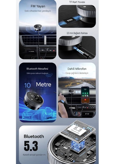 Bt15 Bluetooth 5.3 Araç Kiti+fm Transmitter 3.5mm Aux Jack Hafıza