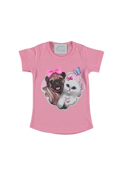 Liay Moda Köpek Kedi Baskılı Kız Çocuk Tişört Pembe