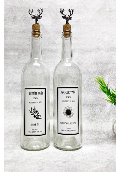 Siyah Geyik Tıpalı Şeffaf Cam Şişe 2'li 750 Ml Zeytinyağı Sıvıyağ