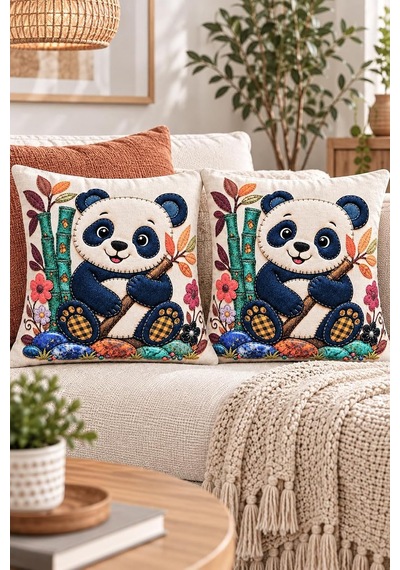 2'li Panda Desenli 3d Görünümlü Dijital Baskılı Kırlent Kılıfı 43x43 Cm Yastık Kılıfı Seti Diğer