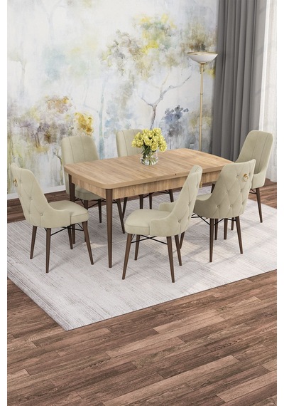 Mona Meşe Desen 80x132 Açılabilir Mdf Masa Yemek Odası Takımı, Mutfak Takımı 6 Adet Sandalye Meşe Masa - 6 Krem - Ceviz Ayak Mona Meşe Desen 80x132 Açılabilir Mdf Masa Yemek Odası Takımı, Mutfak Takımı 6 Adet Sandalye Meşe Masa - 6 Krem - Ceviz Ayak