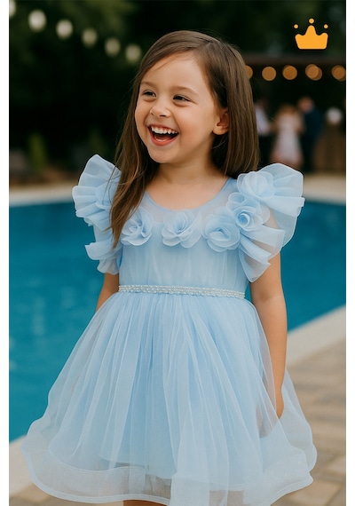 Babyhola 2-8 Yaş Gül Yakalı Grenli Kabarık Tül Kız Bebek Çocuk Abiye Elbise Bayramlık Gelinlik 3502 Mavi
