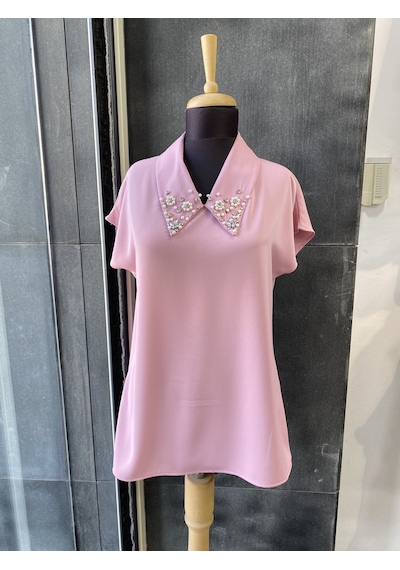 Pera Moda İç Göstermeyen Yakası İnci Ve Taşlı Kısa Kollu Şık Kadın Gömleği Pudra