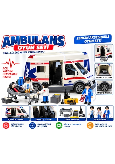 Oyuncak Ambulans Araba 5ın1 Set Metal Açılabilir Kapılar Gerçekçi Tasarım Eğitim Oyunu Beyaz - Kırmızı
