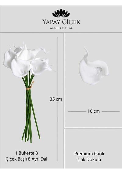 Beyaz Yapay Lüx Gala Çiçeği Buketi 8 Dallı Premium Canlı Islak Dokulu 35 Cm