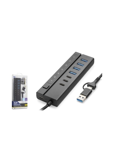 Hadron Hdx7062 7 Port Usb Hub 5gbps 4x Usb-a 3.2 + 3x Usb-c 3.2 7 Port 2in1 Kablolu Çoklayıcı Siyah