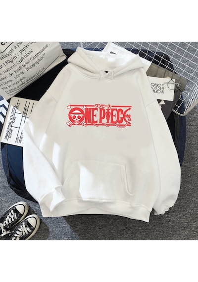 One Piece Red Logo Kapşonlu Sweatshirt 001