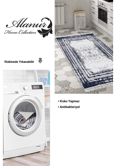 Dekoreko Kaymaz Taban Djt Mutfak Halısı Trend Saçaklı Modern M5132 lacivert