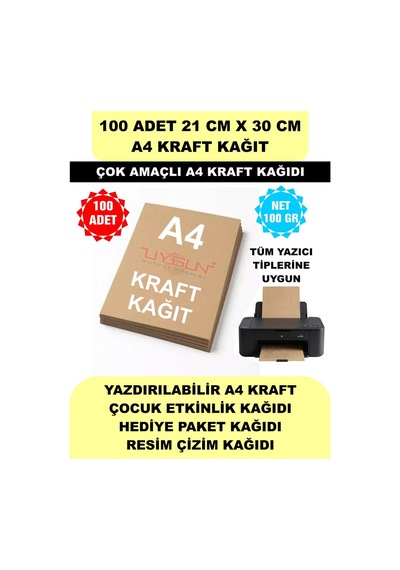 100 Adet A4 Kraft Kağıt 21x30 100 Gr. Yazıcı Uyumlu, Vintage Resim Kağıdı, Çocuk Etkinlik Kağıdı