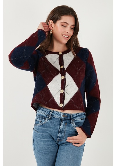Lela Regular Fit Bisiklet Yaka Baklava Desenli Düğmeli Crop Bayan Hırka 4615570 Bordo