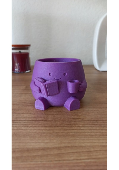 3d Baskı Kitap Okuyan Saksı - Kupa Tutan Sevimli Saksı-mor