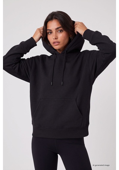 TOMMYLIFE Siyah Standart Kapüşonlu Kanguru Cepli Basic Kadın Sweatshirt - 97321