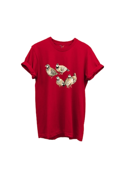 Beşli Keklik Baskılı Doğa Ve Av Temalı %100 Pamuk Regular Fit Unisex T-shirt Kırmızı
